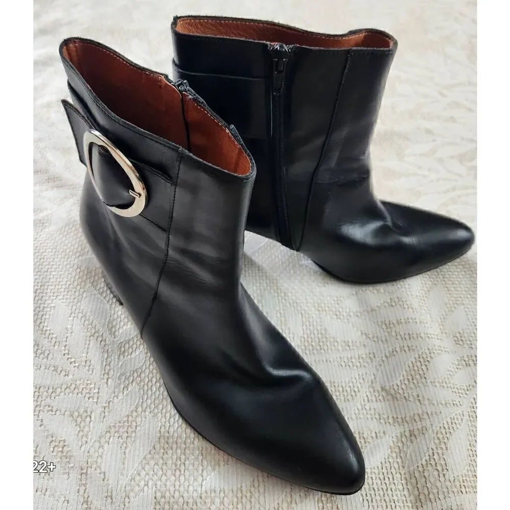 Marroqui Sanchez black leather ankle boots zip up deco silver buckle 31/2